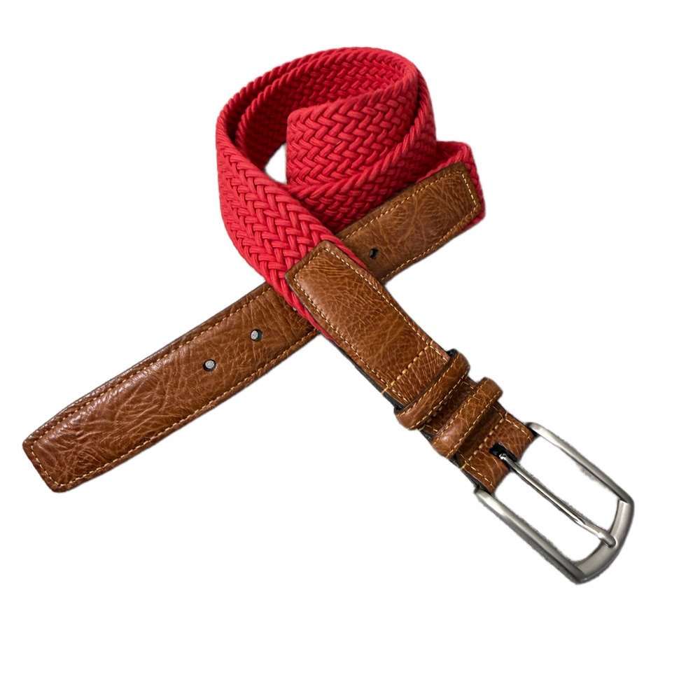 Saks Fifth Avenue Cotton Leather Belt Mens 38 Red Brown Silver Buckle Elastic